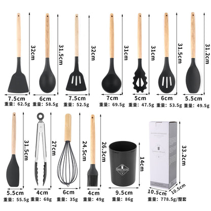 Wooden Handle Kitchenware 12 Piece Set FDA Silicone Non-stick Cooking Shovel Spoon Baking Suit With Storage Barrel