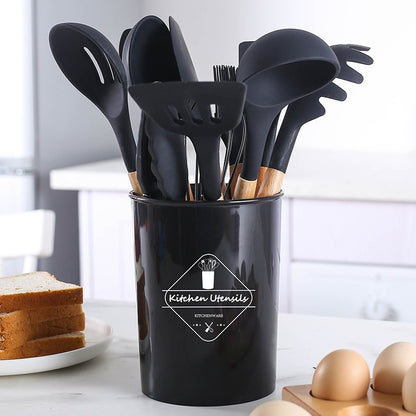 Wooden Handle Kitchenware 12 Piece Set FDA Silicone Non-stick Cooking Shovel Spoon Baking Suit With Storage Barrel